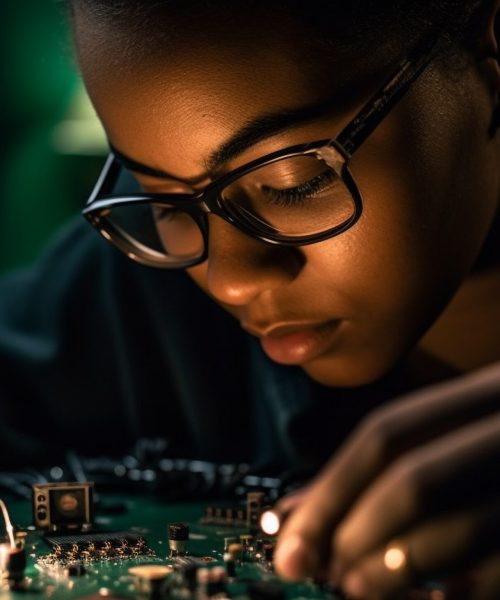 Young adult engineer holding soldered computer chip generated by artificial intelligence